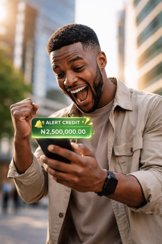Excited customer receiving a large credit alert